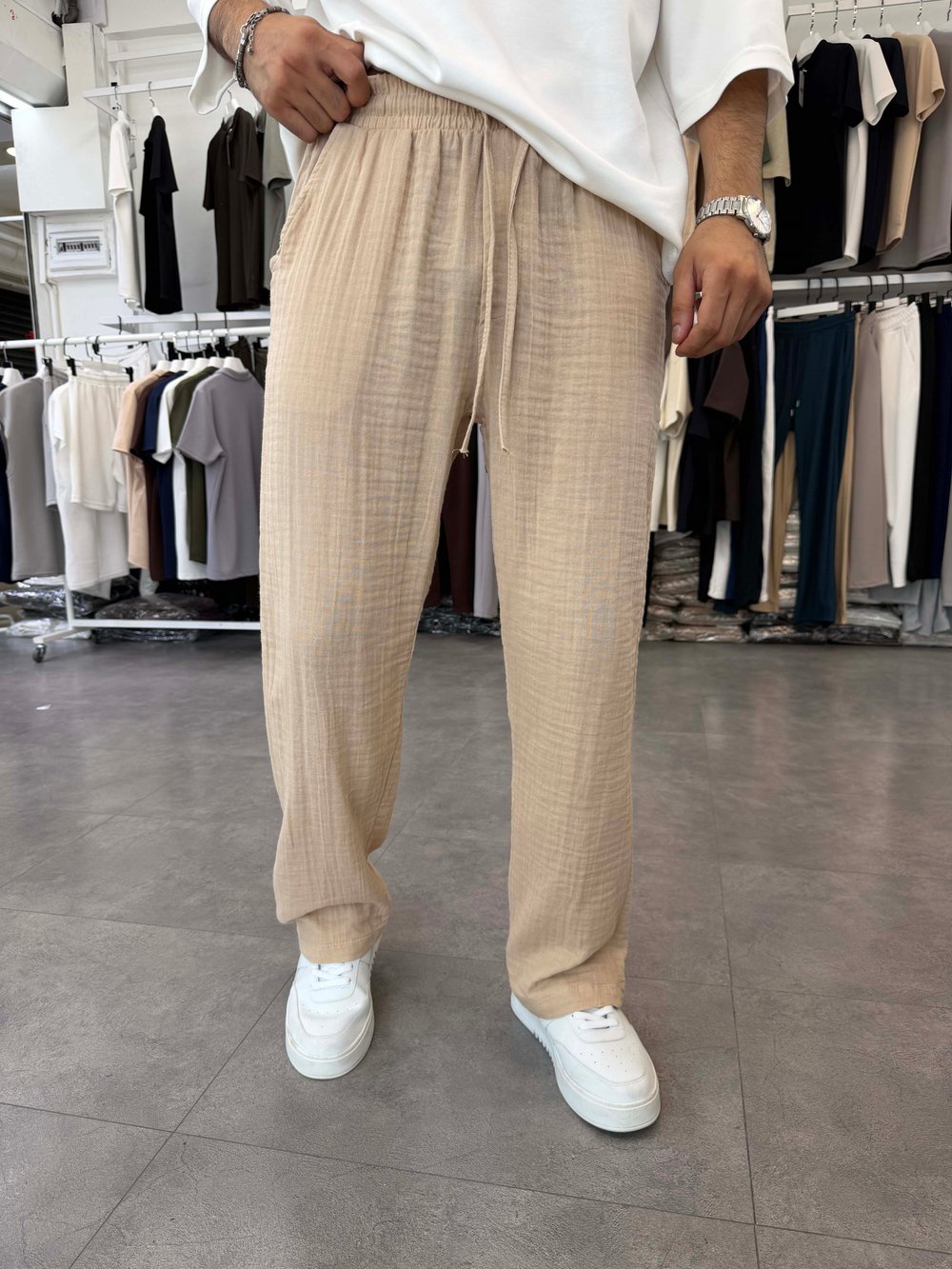 %100 Pamuk Müslin Baggy Pantolon Bej