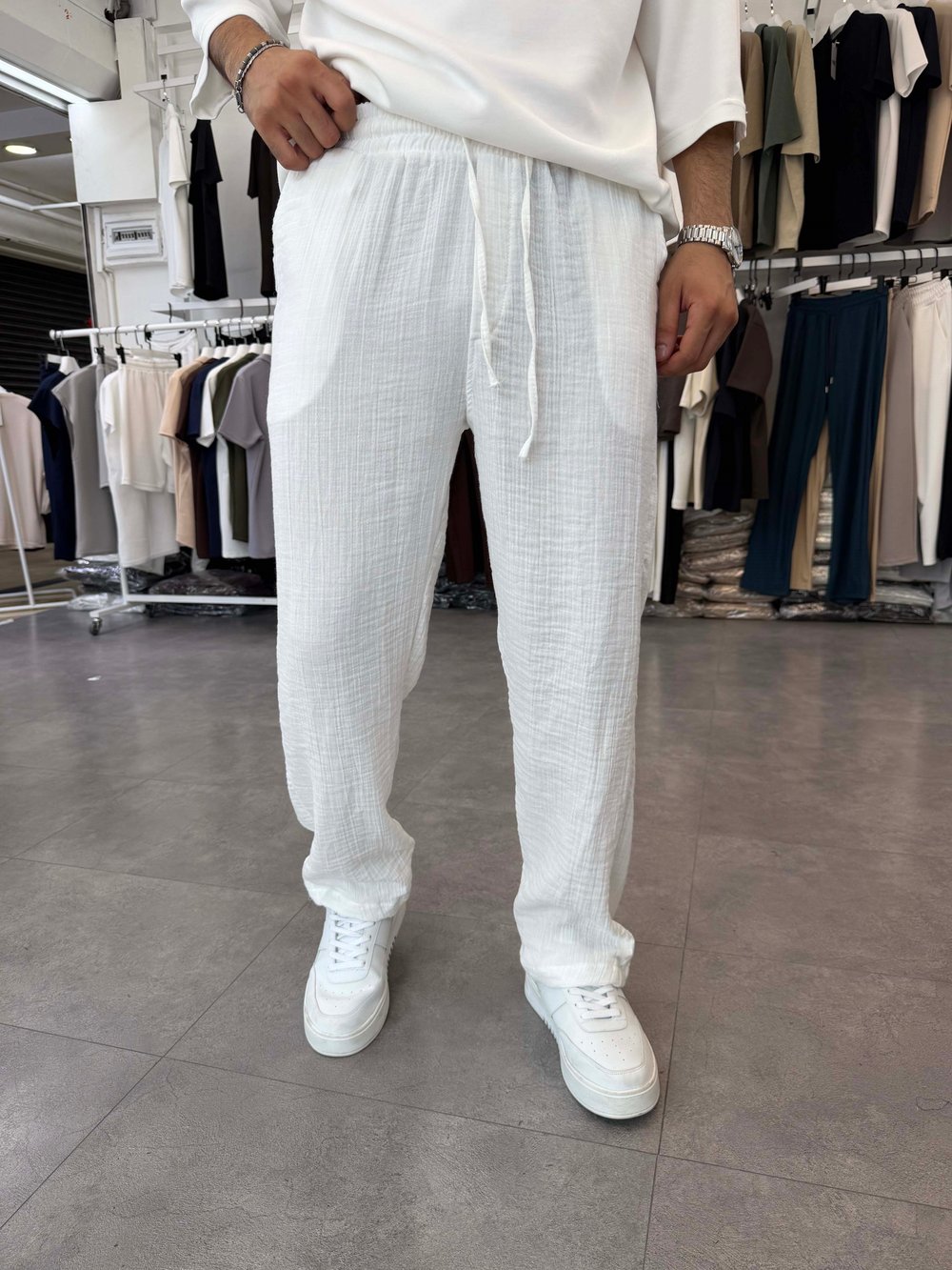 %100 Pamuk Müslin Baggy Pantolon Beyaz