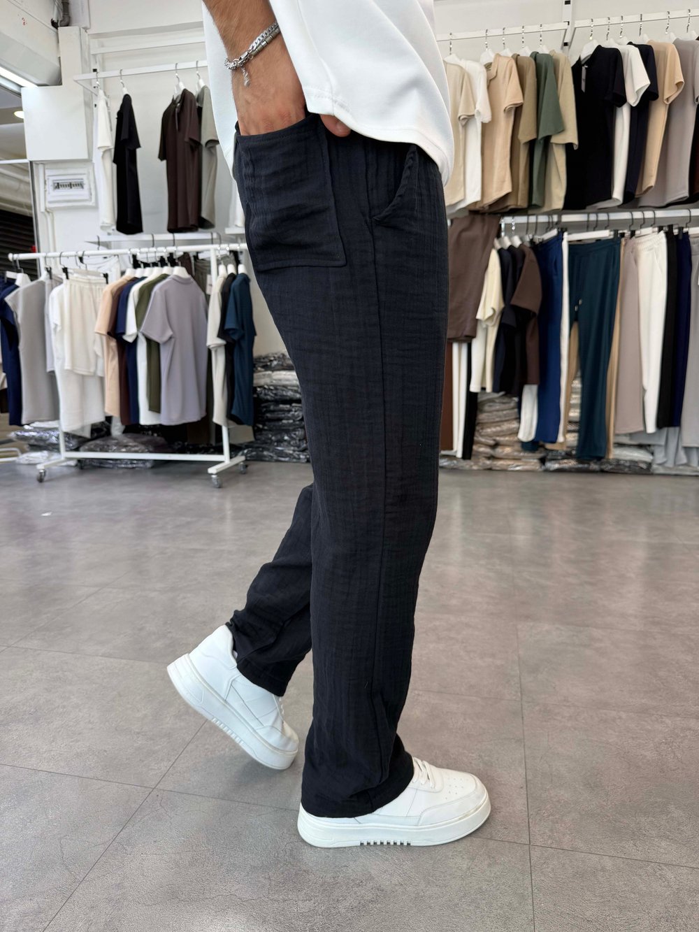 %100 Pamuk Müslin Baggy Pantolon Siyah