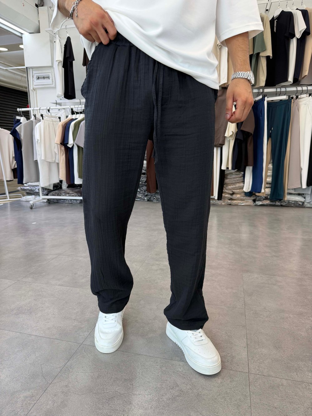 %100 Pamuk Müslin Baggy Pantolon Siyah