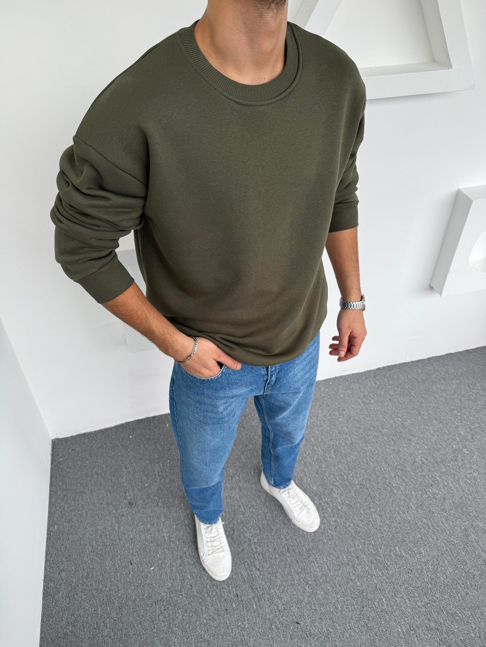 3 iplik Şardonlu Basic Sweatshirt Haki