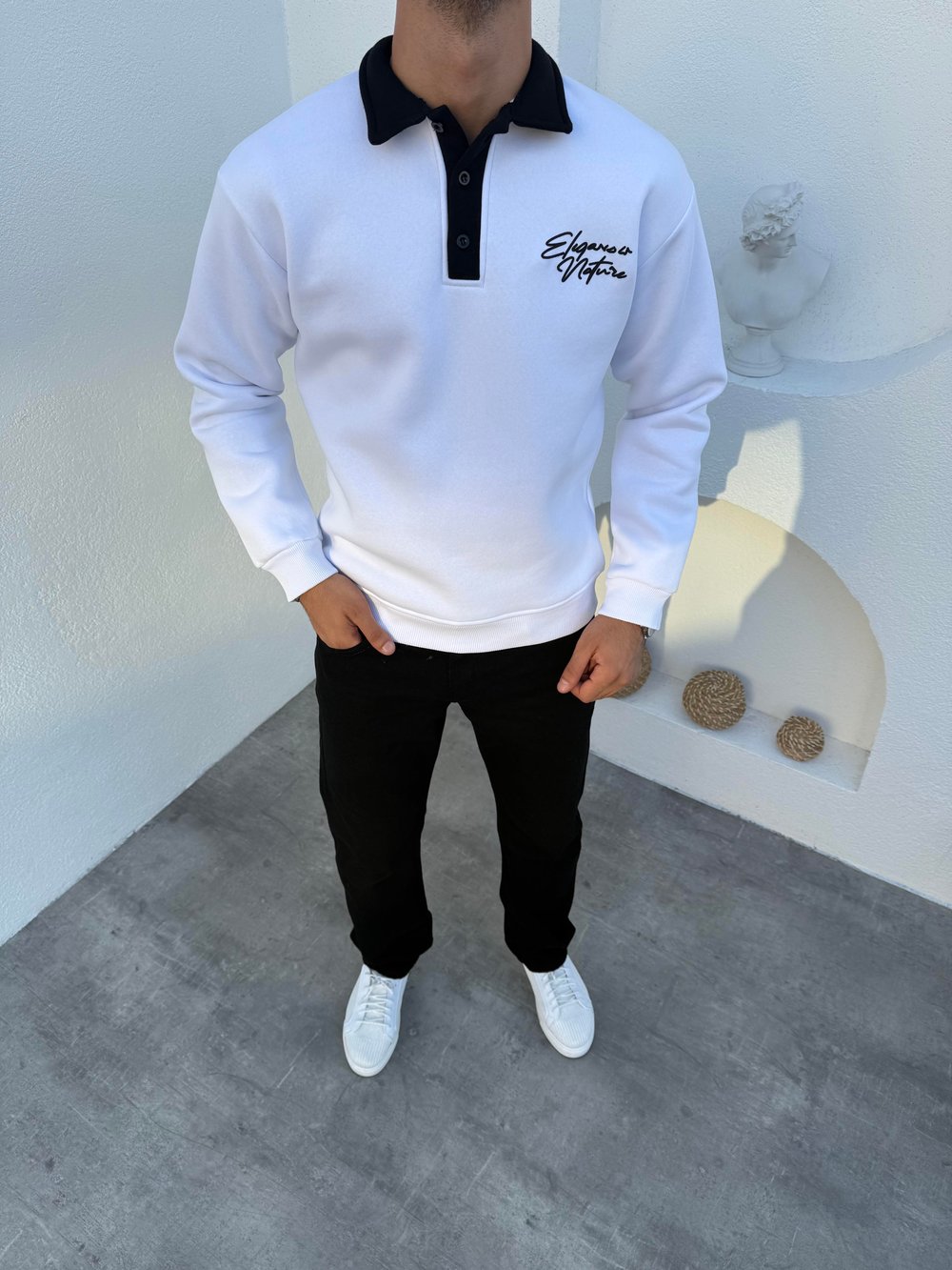 3 İplik Şardonlu Polo Yaka Düğmeli Elegance Sweatshirt Beyaz