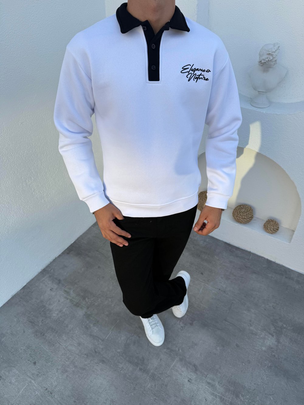 3 İplik Şardonlu Polo Yaka Düğmeli Elegance Sweatshirt Beyaz