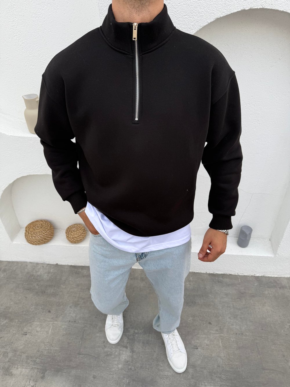 3 İplik Şardonlu Yarım Fermuar Sweatshirt Siyah