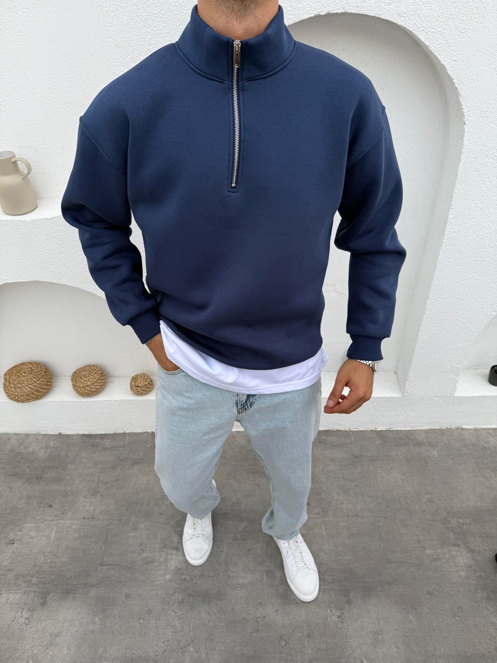 3 İplik Şardonlu Yarım Fermuar Sweatshirt Lacivert