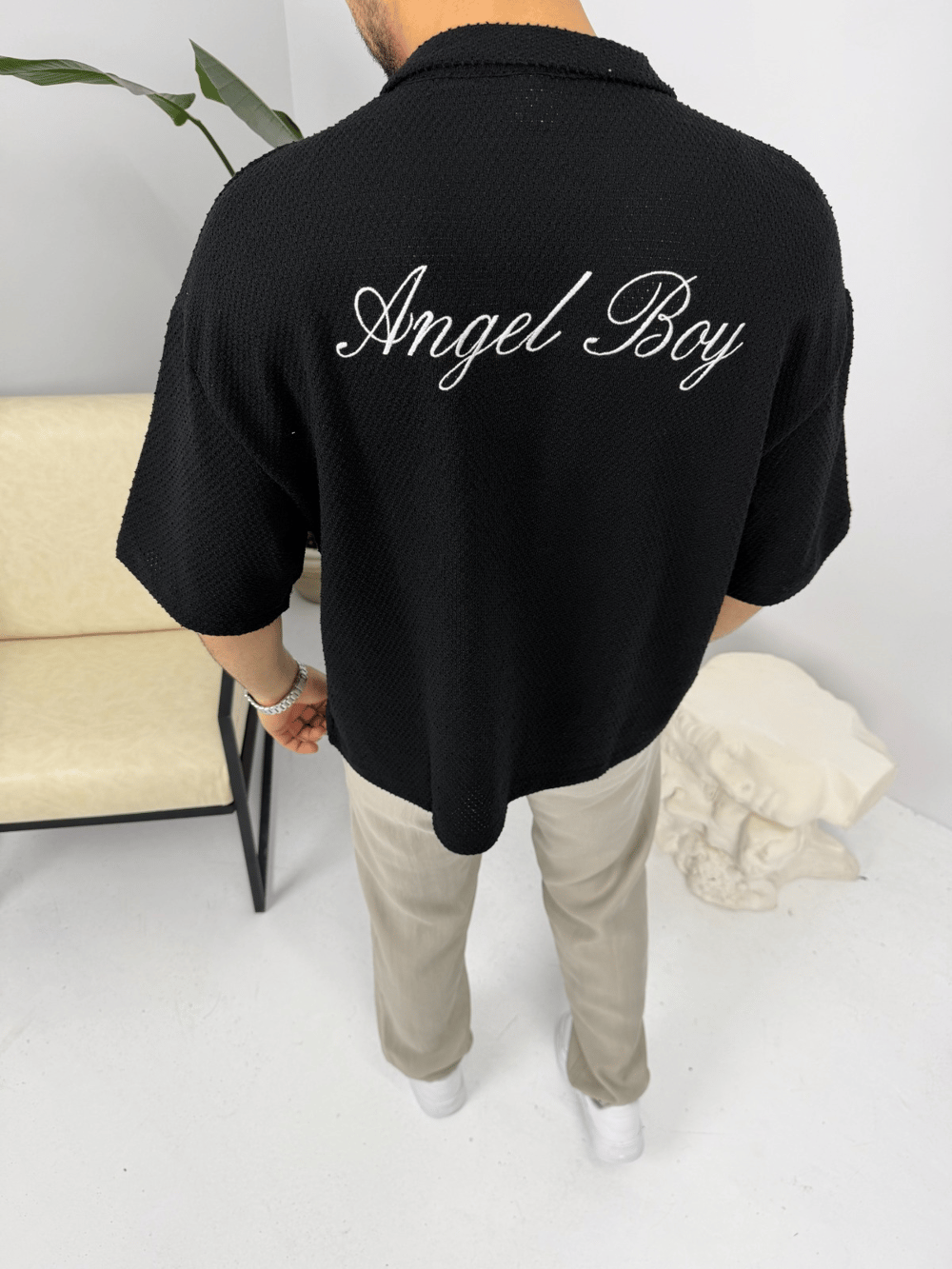 Apaş Yaka Angel Boy Kısa Kol Gömlek Siyah
