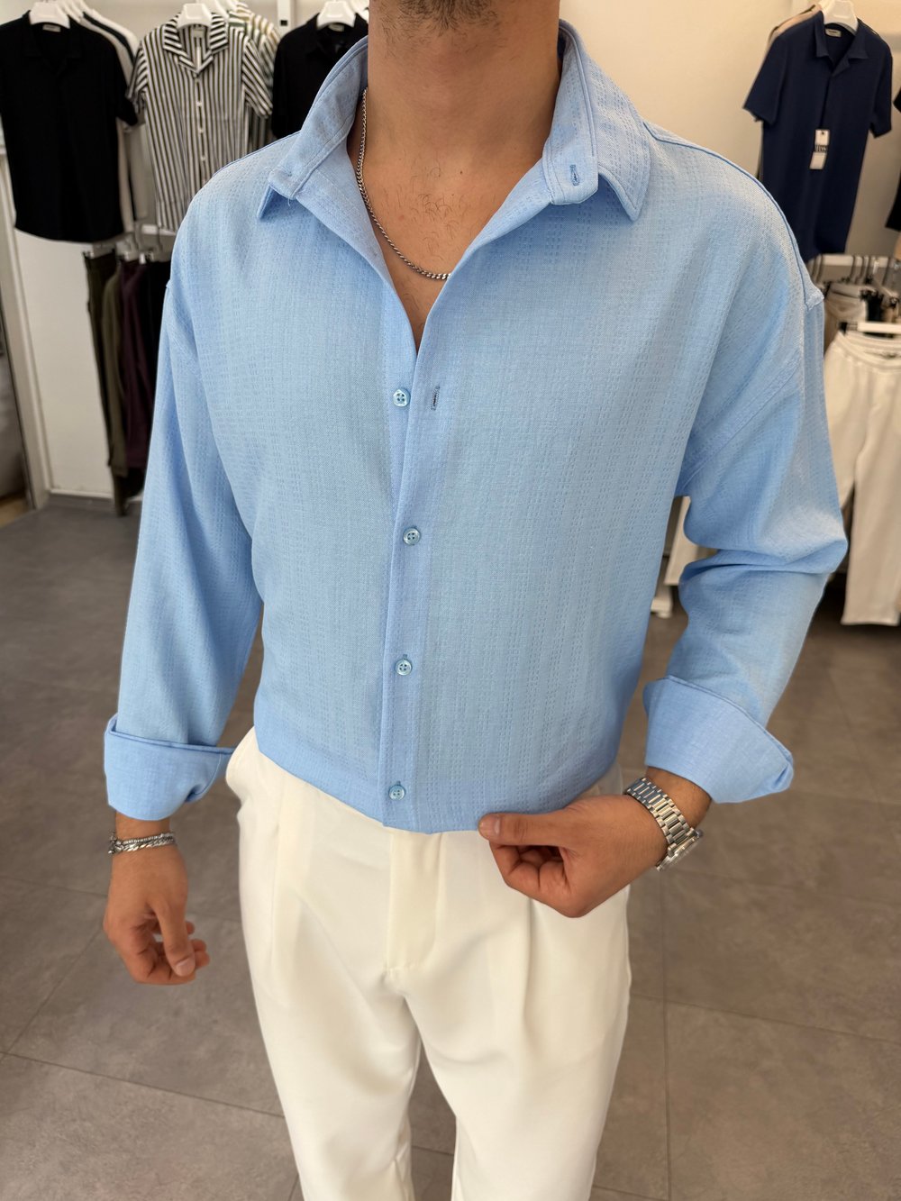 Baskılı Oversize Keten Gömlek Bebe Mavi