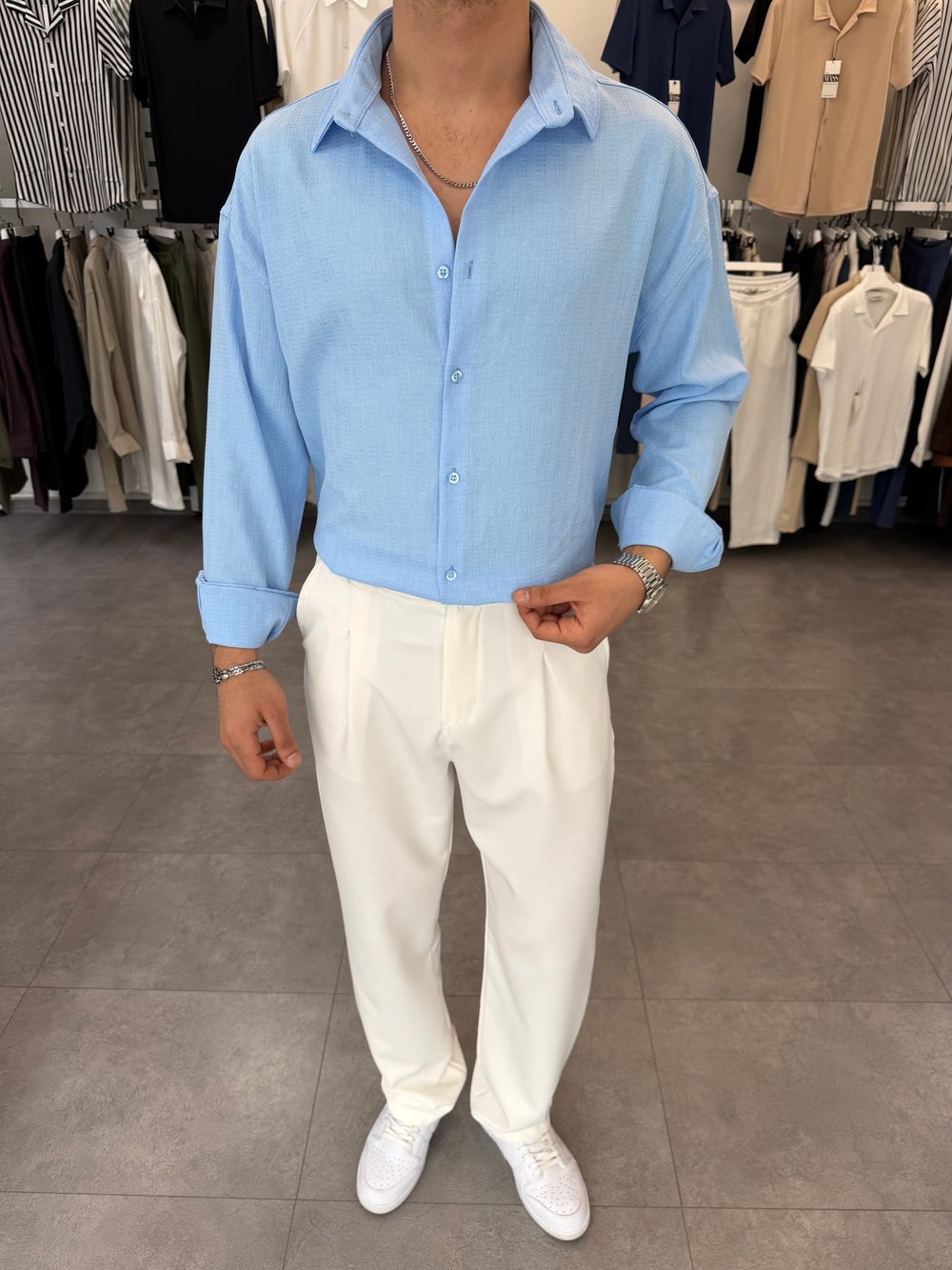 Baskılı Oversize Keten Gömlek Bebe Mavi