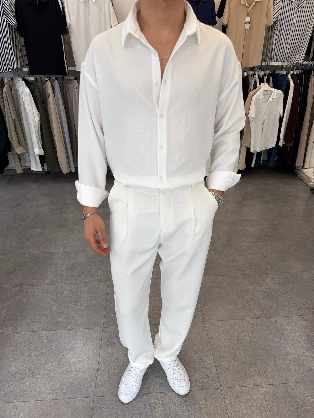 Baskılı Oversize Keten Gömlek Beyaz