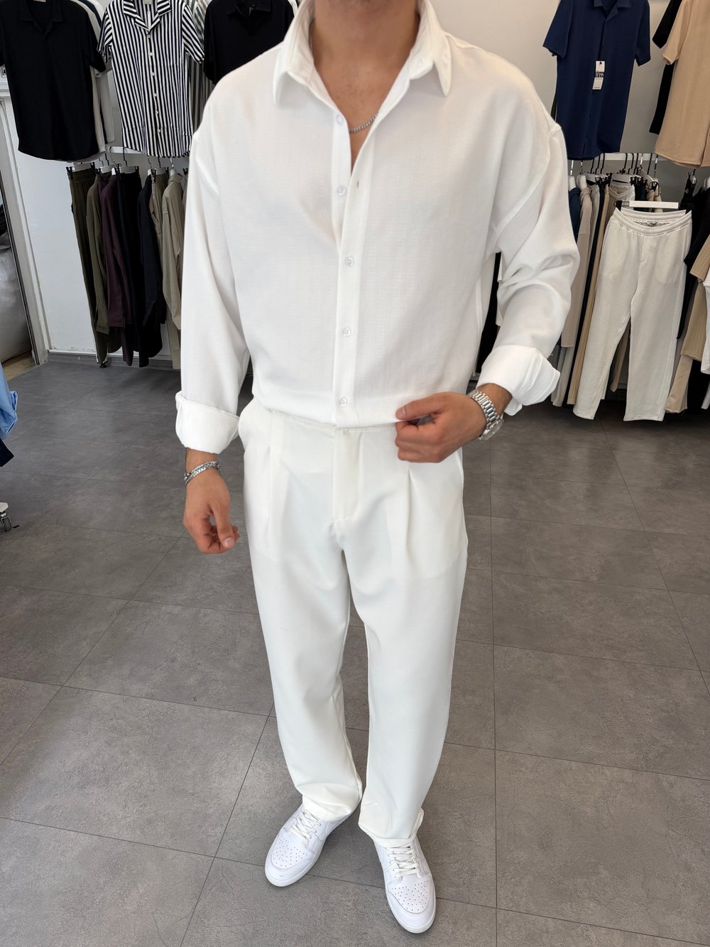 Baskılı Oversize Keten Gömlek Beyaz