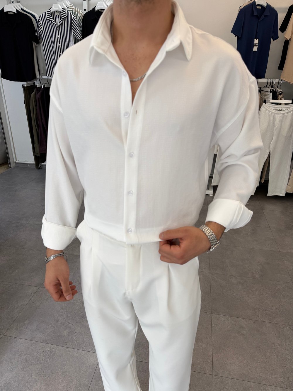 Baskılı Oversize Keten Gömlek Beyaz