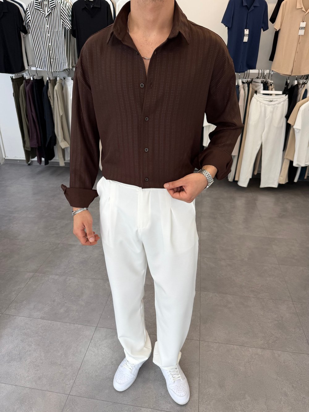 Baskılı Oversize Keten Gömlek Kahve