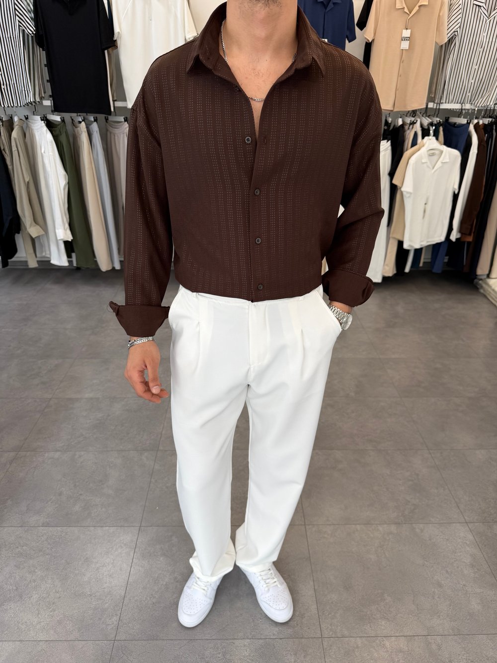 Baskılı Oversize Keten Gömlek Kahve