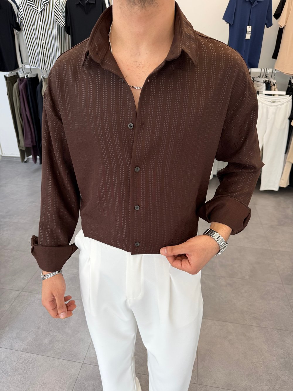 Baskılı Oversize Keten Gömlek Kahve