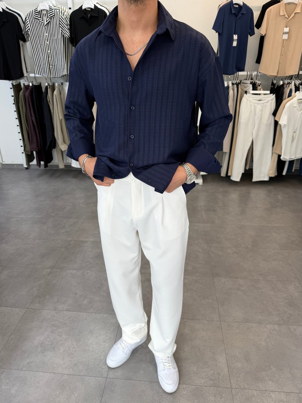 Baskılı Oversize Keten Gömlek Lacivert