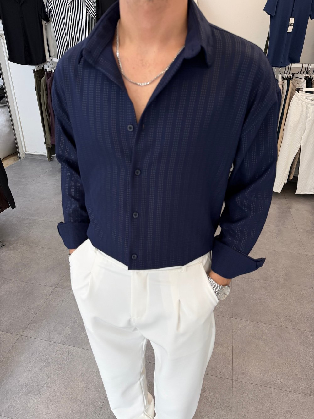 Baskılı Oversize Keten Gömlek Lacivert