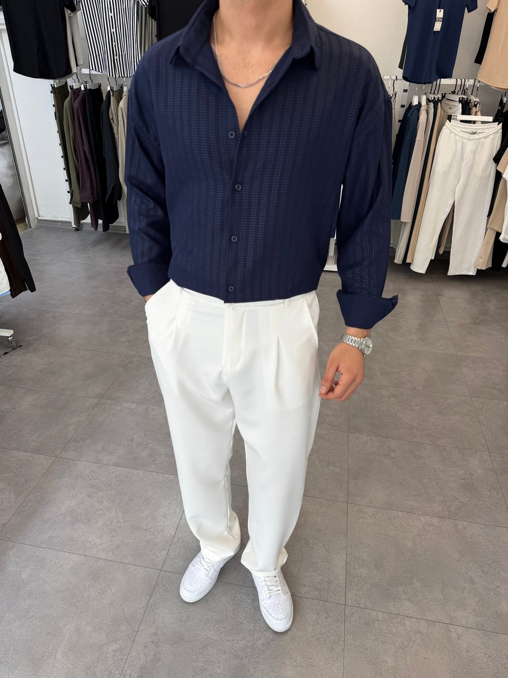 Baskılı Oversize Keten Gömlek Lacivert