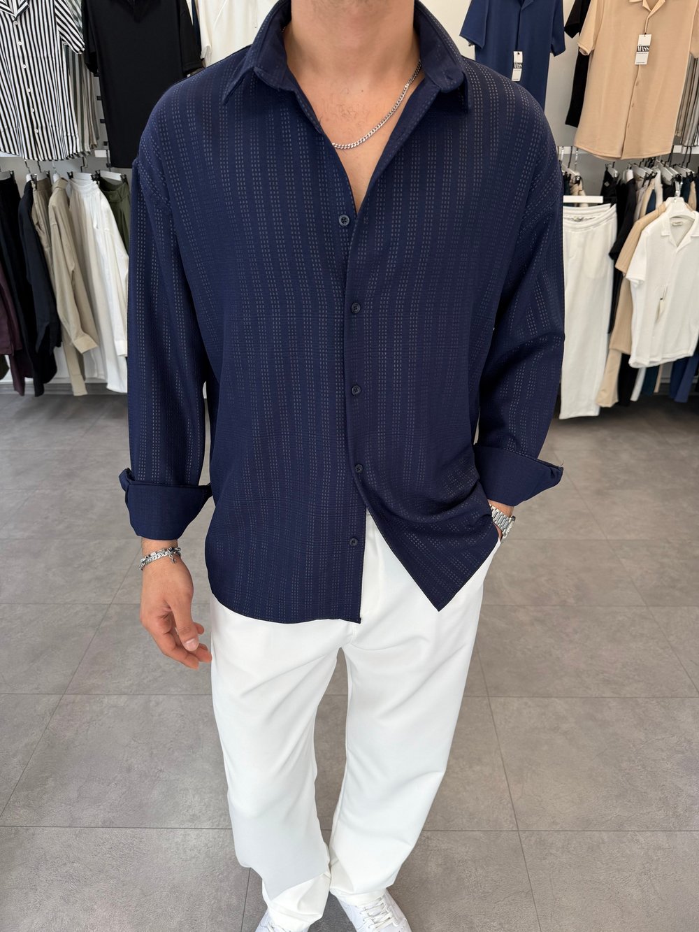 Baskılı Oversize Keten Gömlek Lacivert
