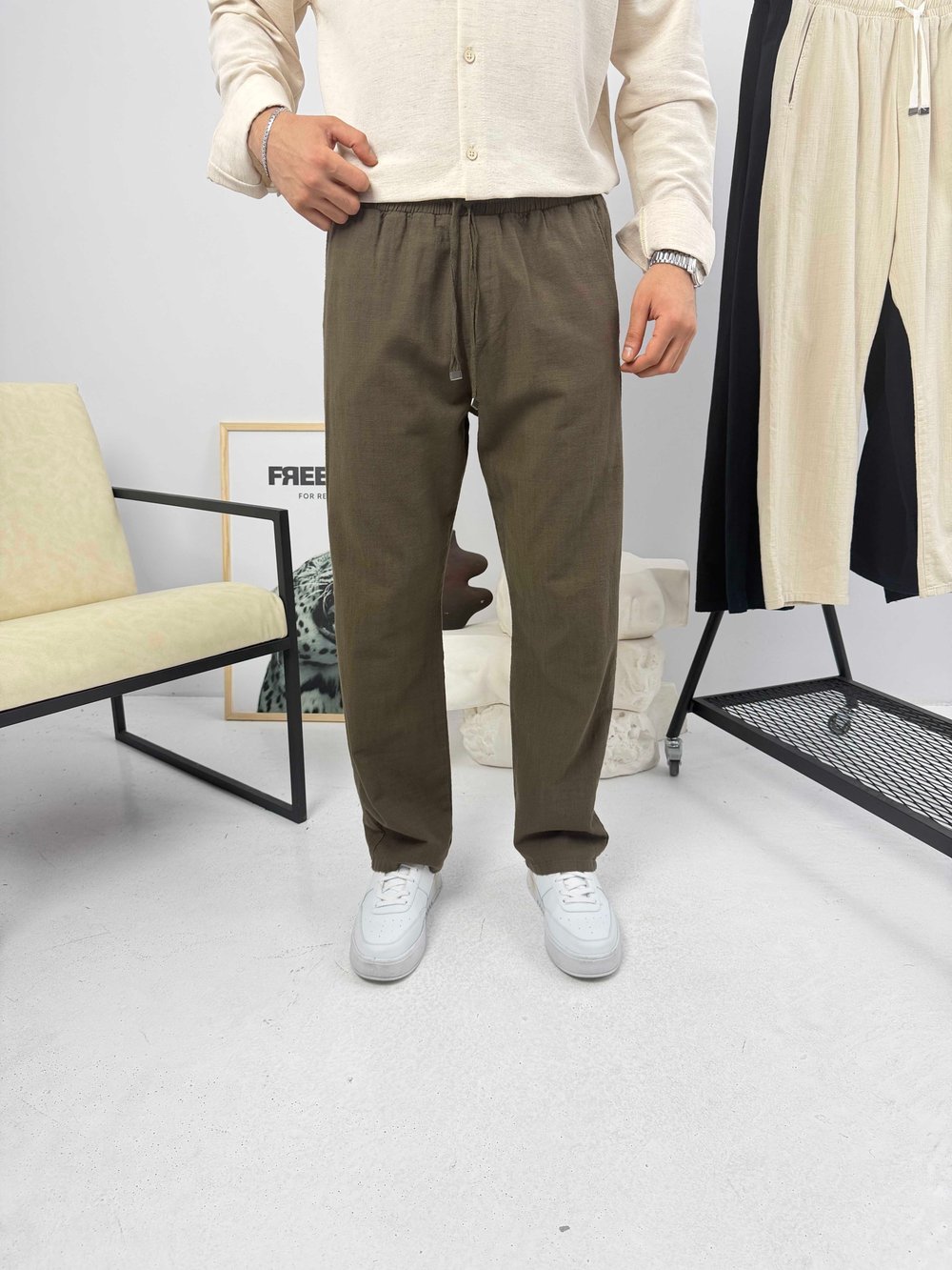 Beli İpli Baggy Keten Pantolon Kahve