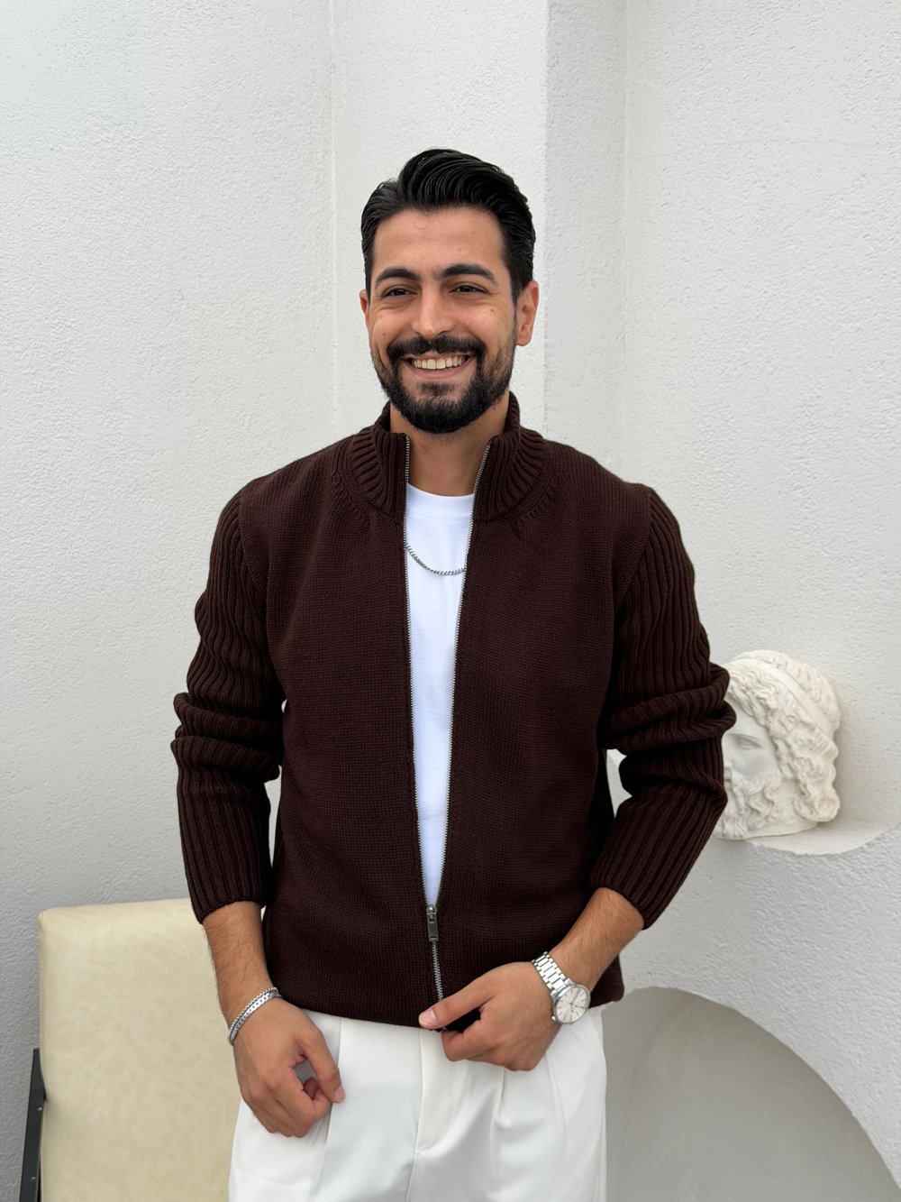 Çift Fermuar Triko Hırka Kahve