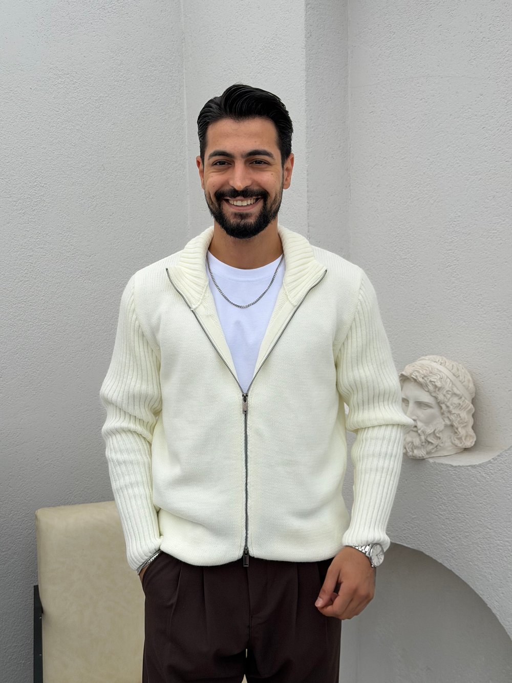 Çift Fermuar Triko Hırka Kırık Beyaz