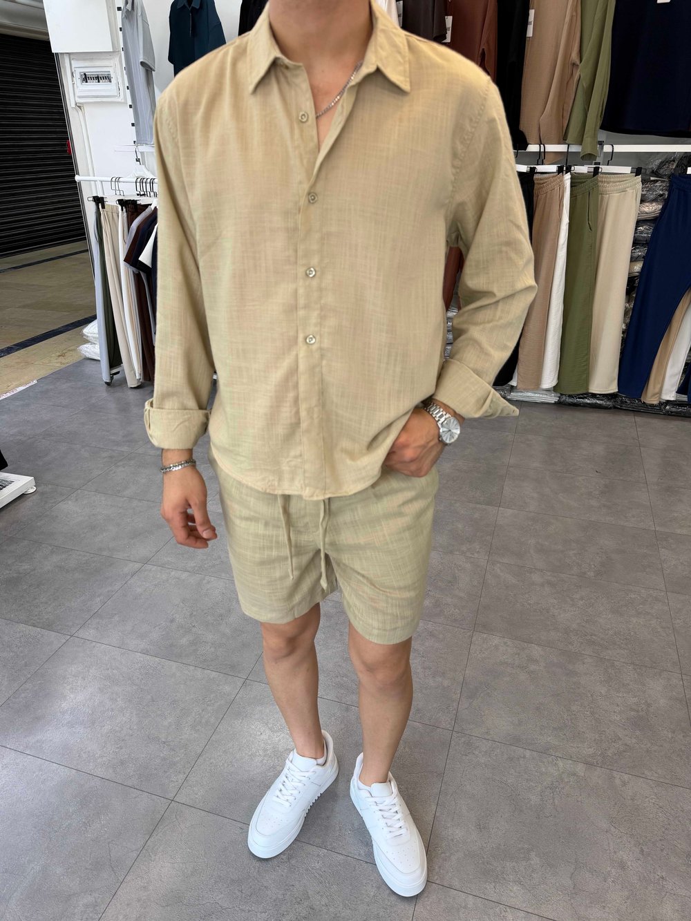 Flamlı Keten Takım Camel