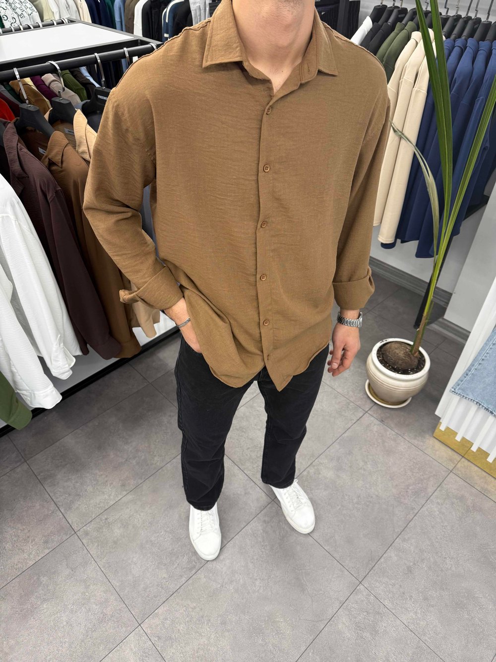 Ham Keten Oversize Gömlek Acı Kahve