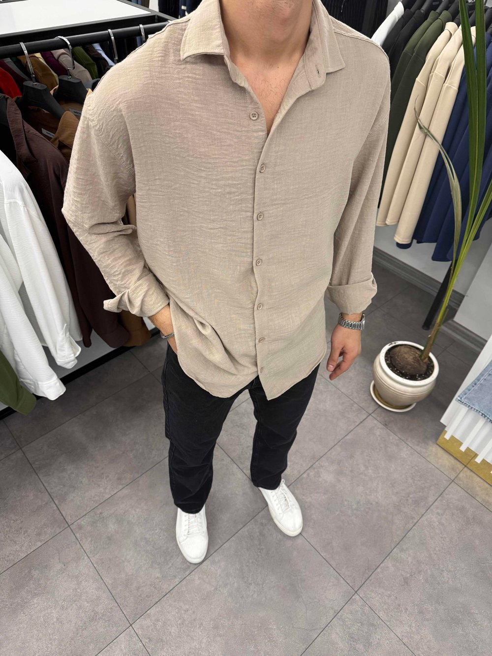 Ham Keten Oversize Gömlek Taş