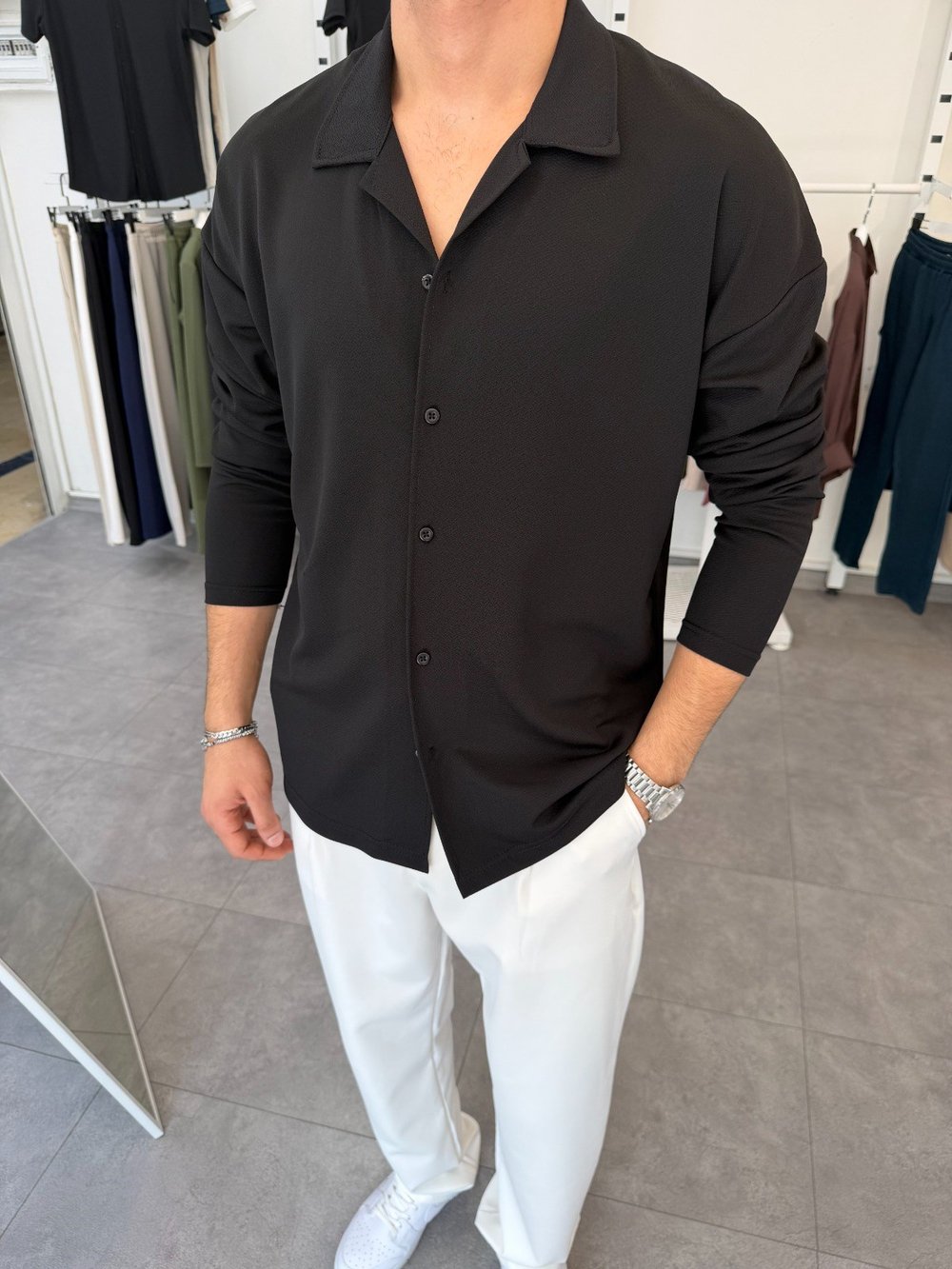 İthal Krep Oversize Gömlek Siyah