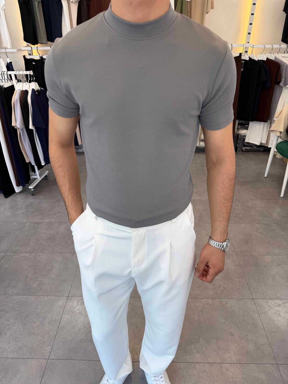 İthal Örme Krep Yarım Balıkçı Kısa Kol Premium Tişört Antrasit