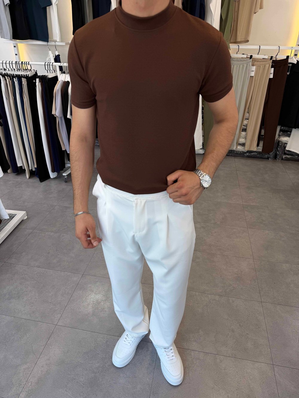 İthal Örme Krep Yarım Balıkçı Kısa Kol Premium Tişört Kahverengi