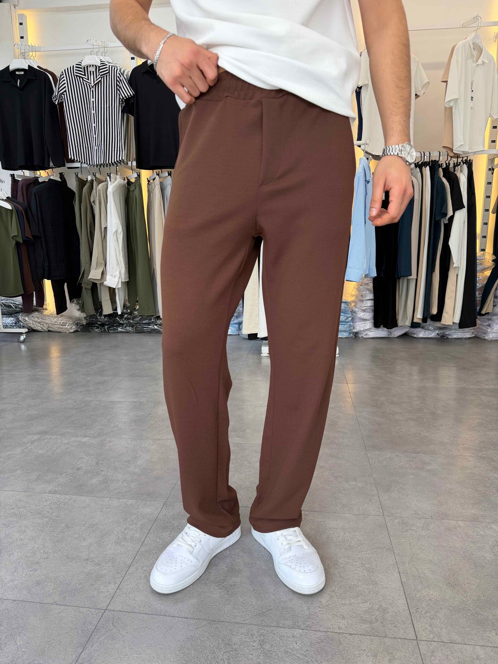 İthal Örme Likralı Baggy Pantolon Acı Kahve