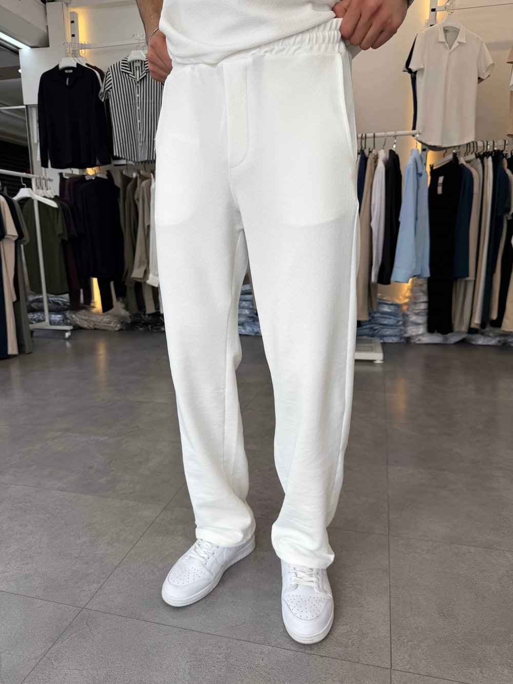 İthal Örme Likralı Baggy Pantolon Beyaz
