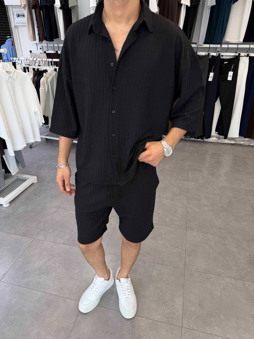 İthal Oversize Crop Kesim Şortlu Takım Siyah