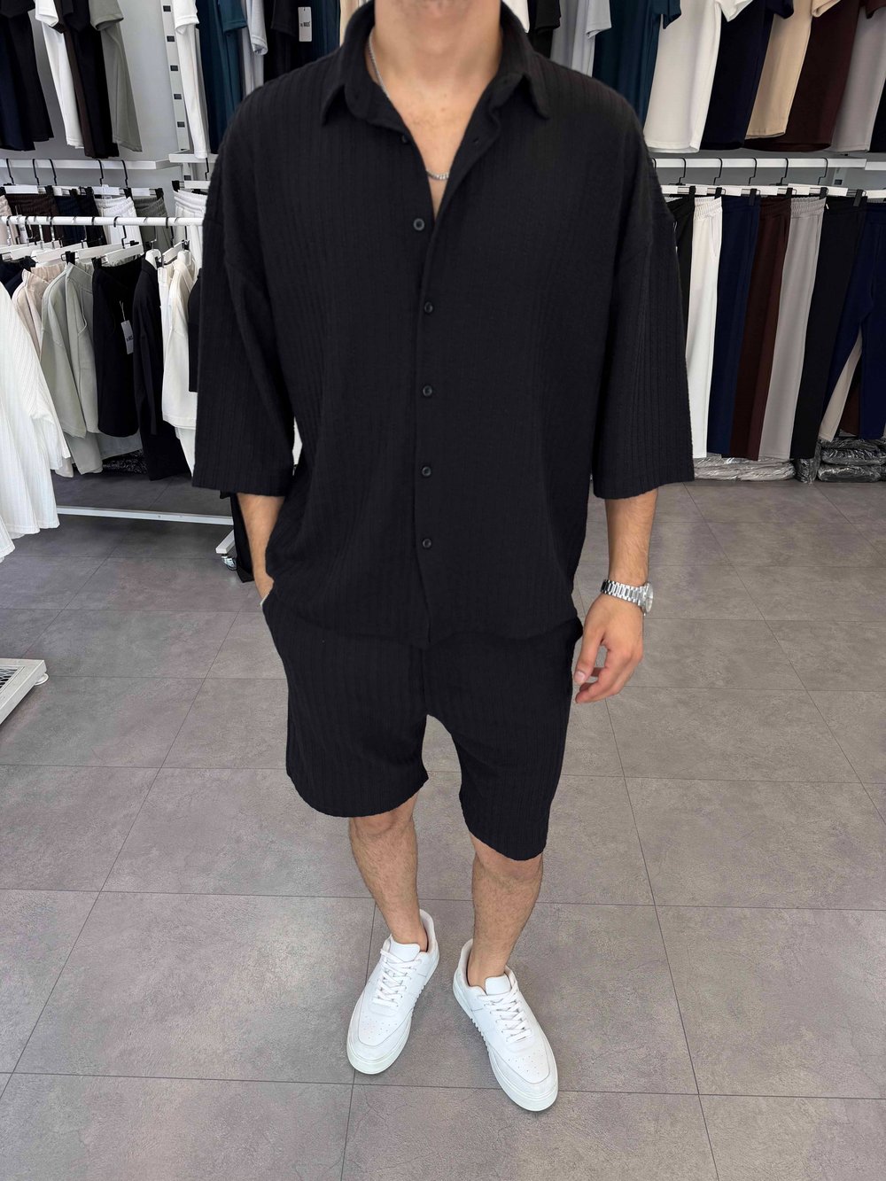 İthal Oversize Crop Kesim Şortlu Takım Siyah
