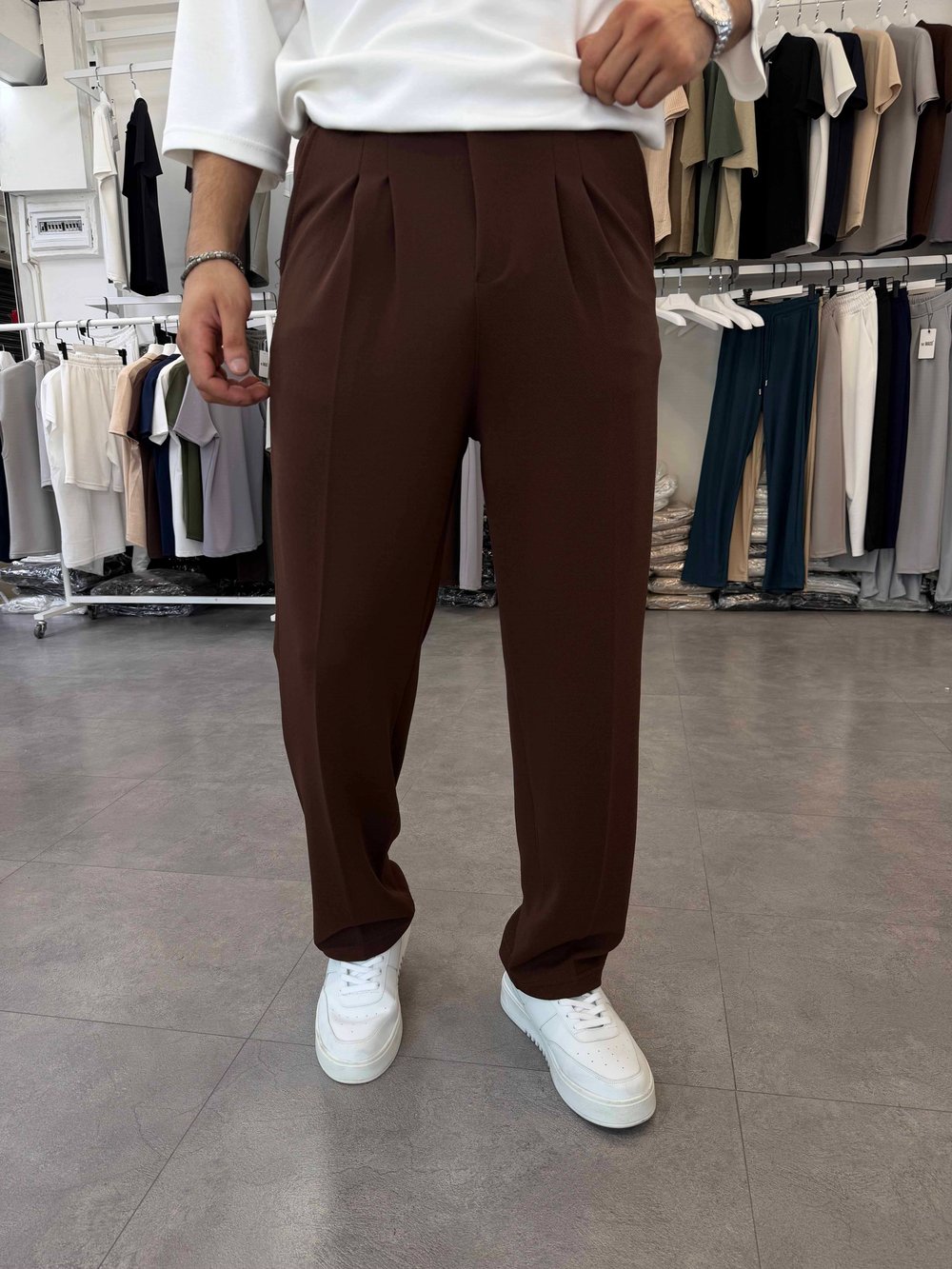 İthal Pileli Krep Baggy Pantolon Acı Kahve