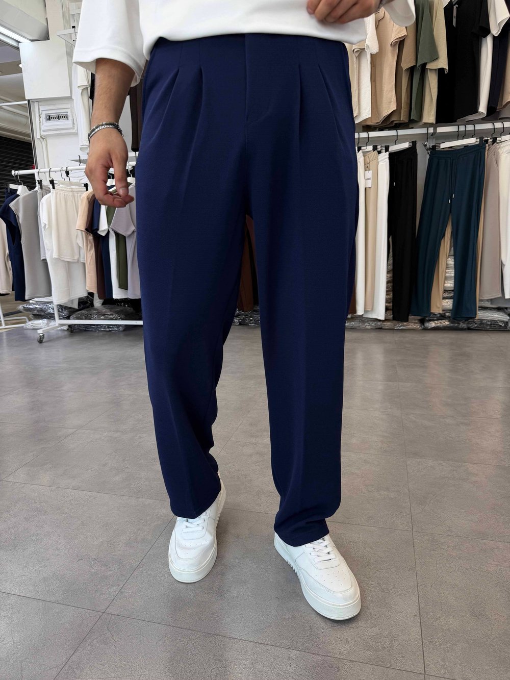 İthal Pileli Krep Baggy Pantolon Lacivert