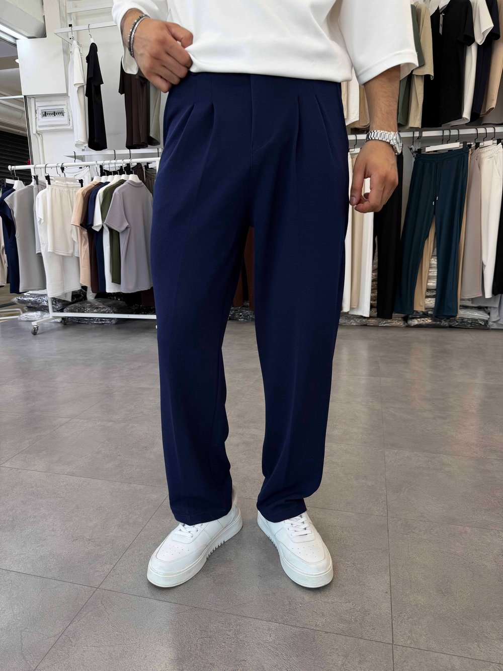 İthal Pileli Krep Baggy Pantolon Lacivert