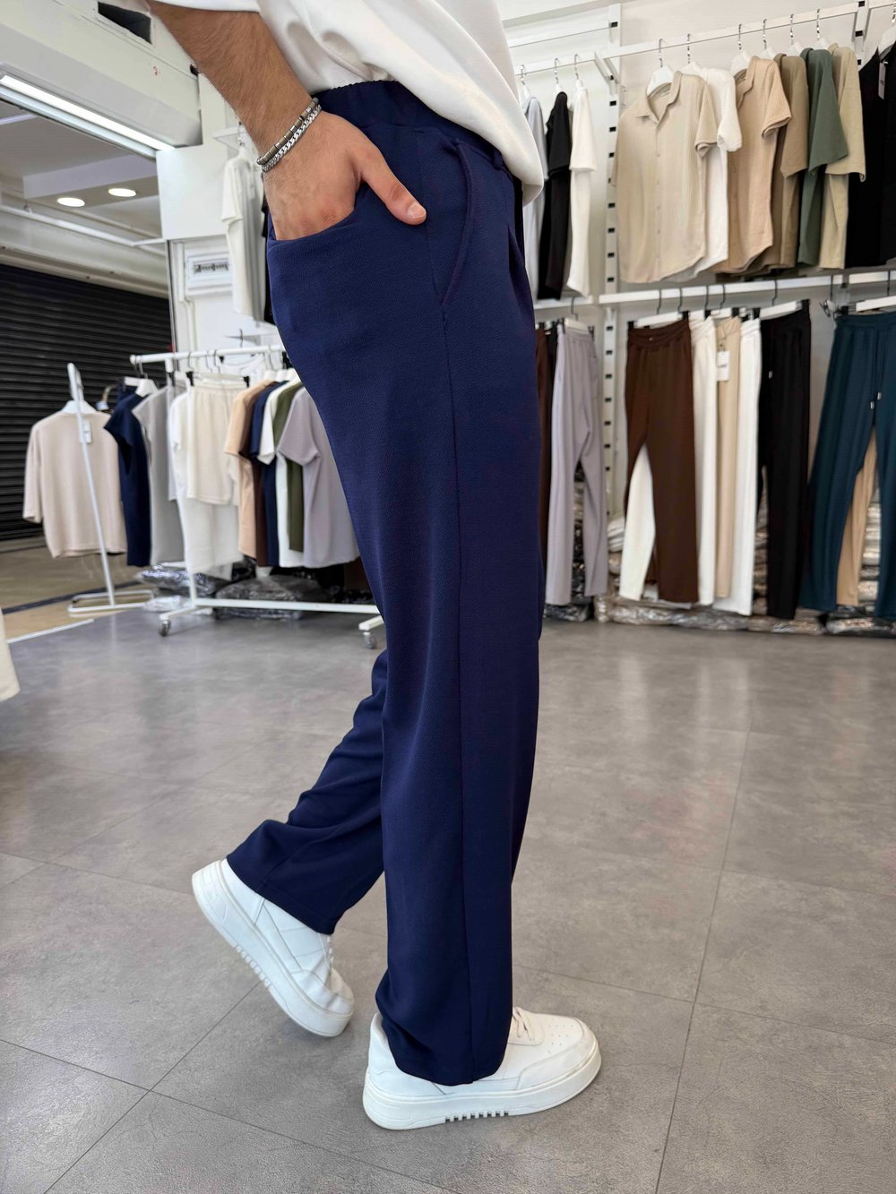 İthal Pileli Krep Baggy Pantolon Lacivert