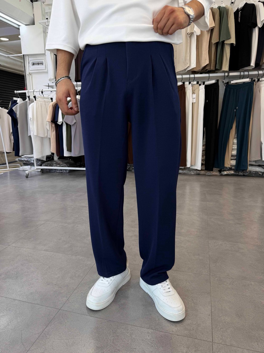 İthal Pileli Krep Baggy Pantolon Lacivert