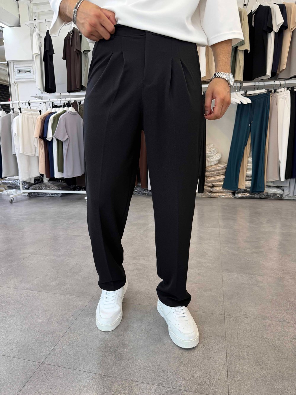 İthal Pileli Krep Baggy Pantolon Siyah