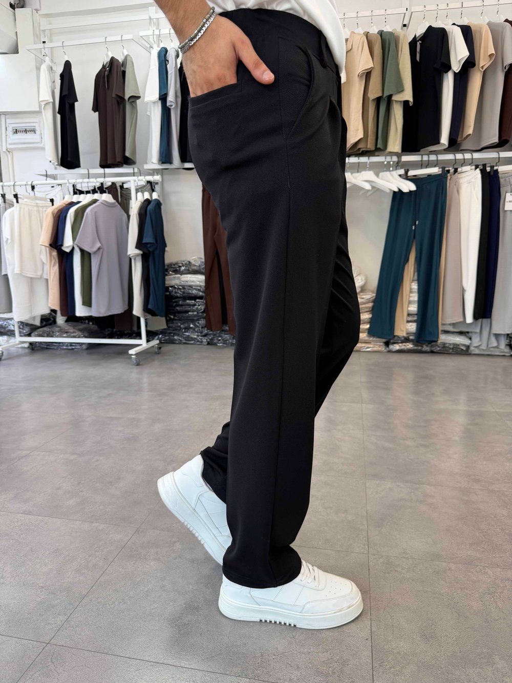 İthal Pileli Krep Baggy Pantolon Siyah