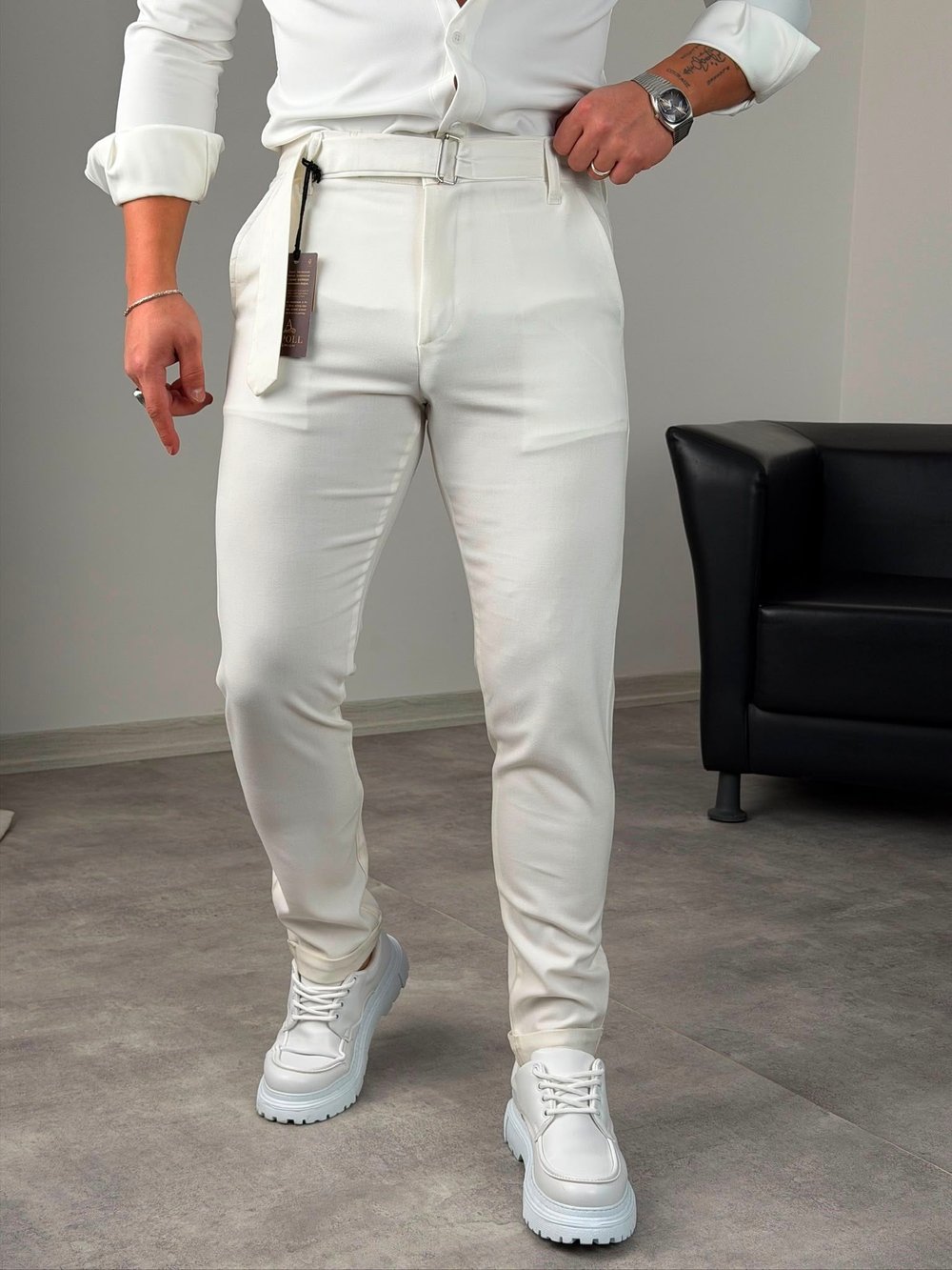 Kemerli Duble Paça Pantolon Beyaz