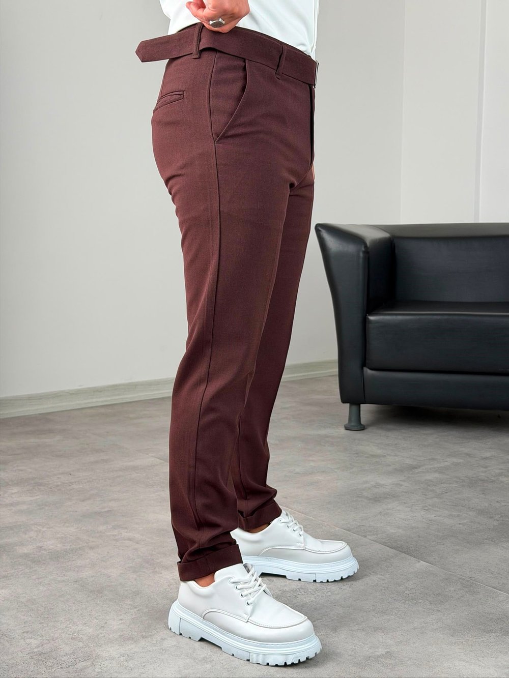 Kemerli Duble Paça Pantolon Bordo