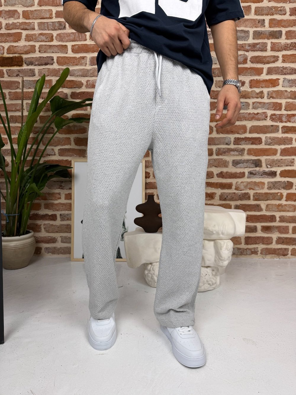 Kendinden Desenli Jogger Eşofman Gri