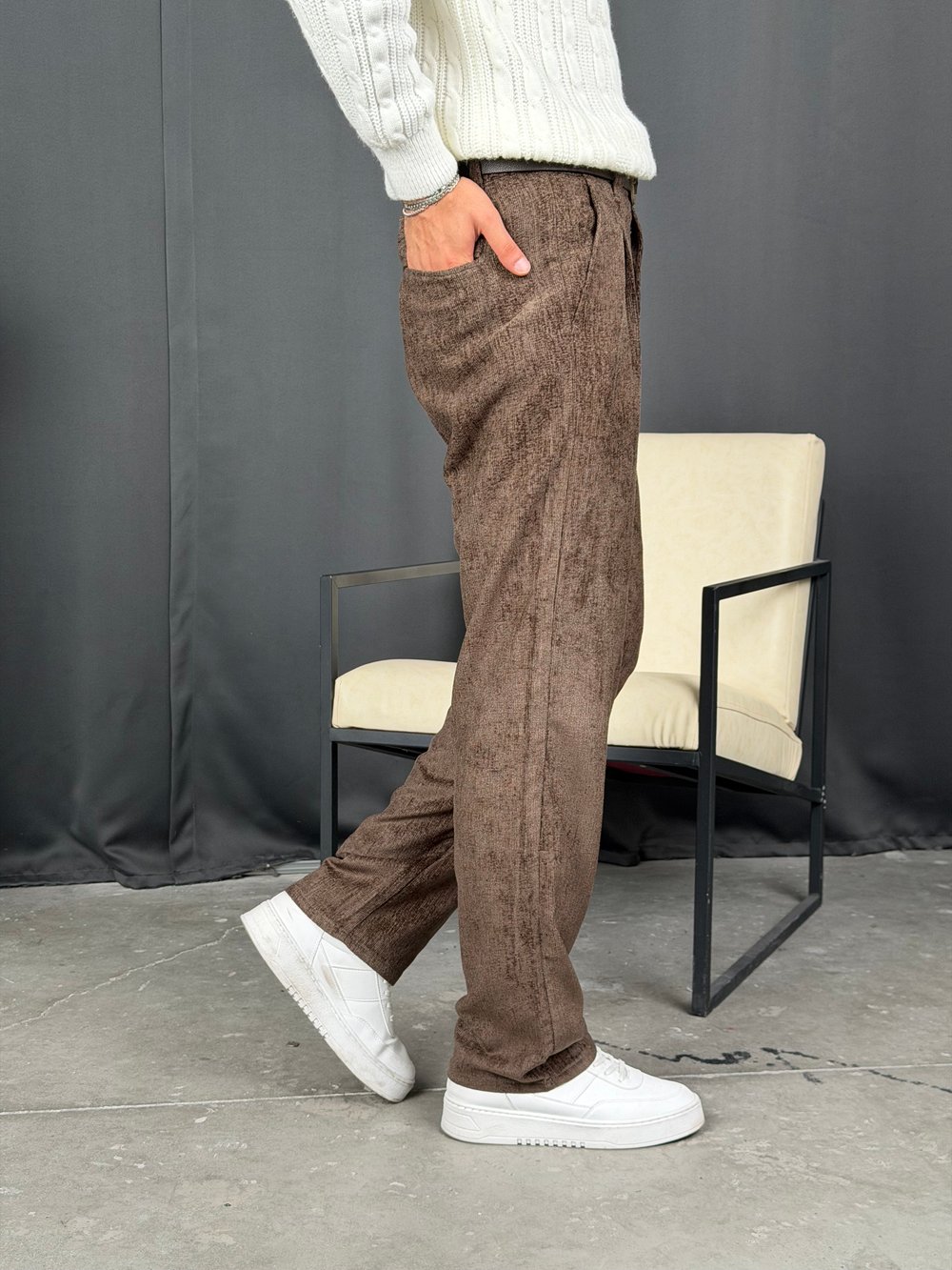 Kışlık Baggy Efektli Kadife Pantolon Acı Kahve
