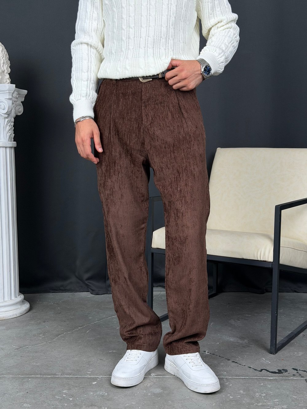 Kışlık Baggy Efektli Kadife Pantolon Kahve
