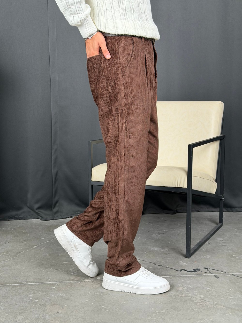 Kışlık Baggy Efektli Kadife Pantolon Kahve