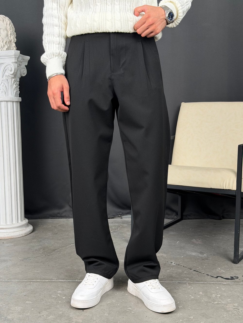 Kışlık Pileli Gabardin Baggy Pantolon Siyah