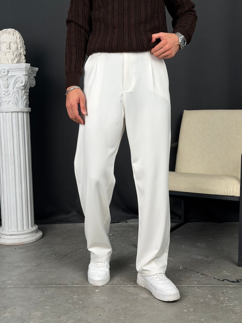 Kışlık Pileli Gabardin Baggy Pantolon Beyaz